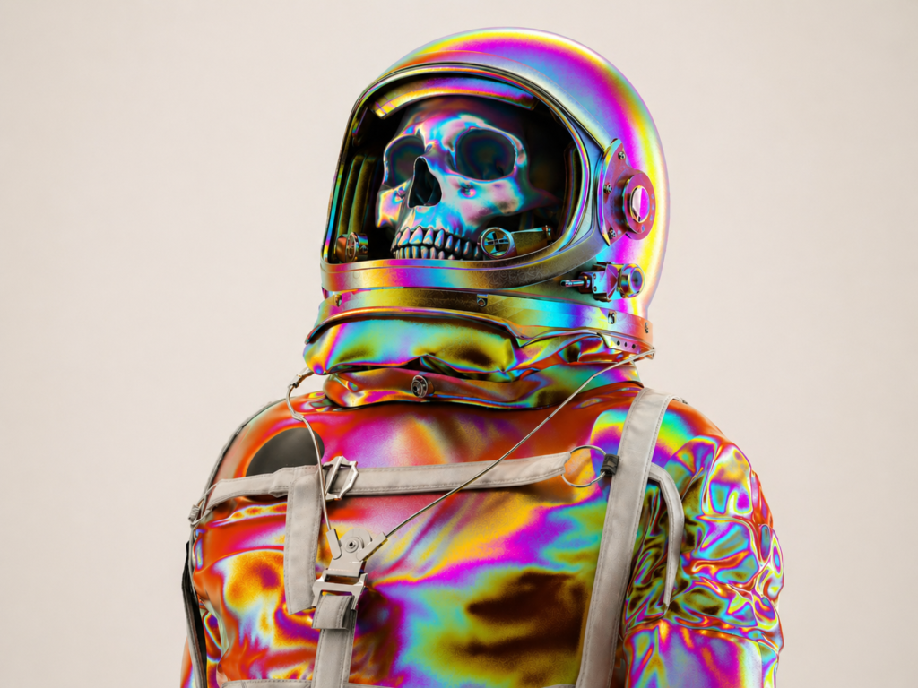 human body in space astronaut skull suit representing risks and isolation in space