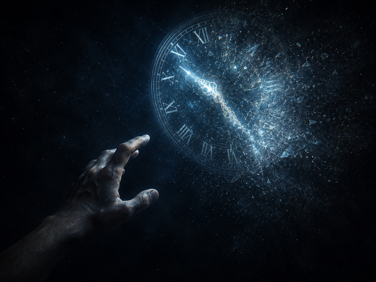 Dissolving clock in deep space illustrating whether does the present moment exist