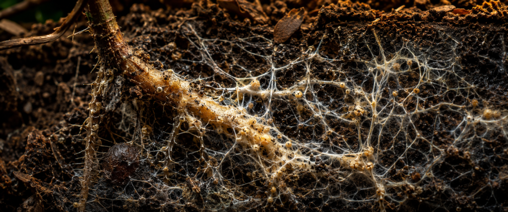 Ultra realistic mycorrhizal network with fungal hyphae connected to plant roots inside dark soil - the internet of the forest
