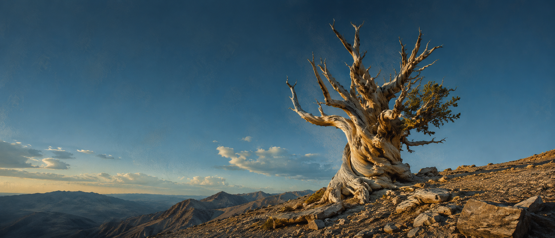 Ancient bristlecone pine on a rocky mountain ridge, one of the oldest living trees on earth