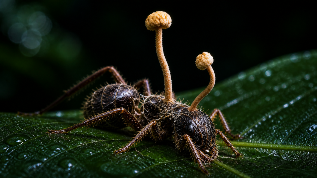 A bioluminescent fungus spreading through an ant illustrating zombie fungus mind control in tropical forests