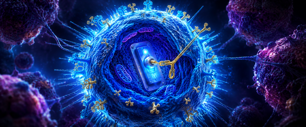 Microscopic cell with glowing mechanisms