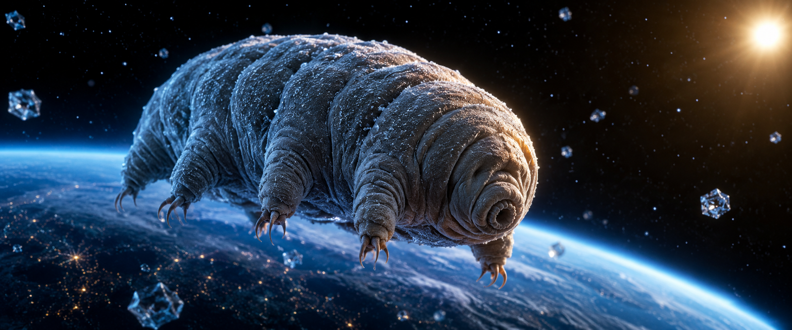 A tardigrade floating above Earth illustrating how tardigrades survive in space