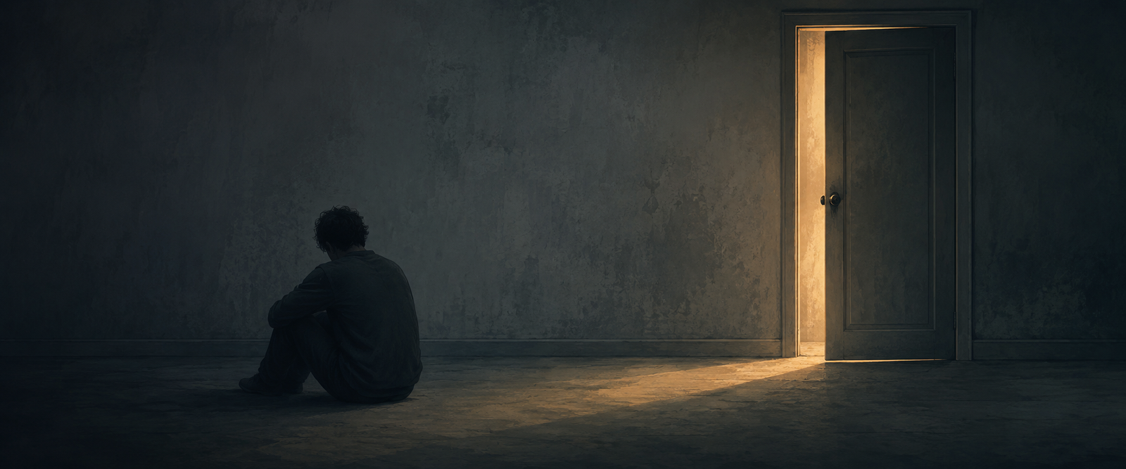 A figure ignoring an open door, illustrating why people stop trying to escape