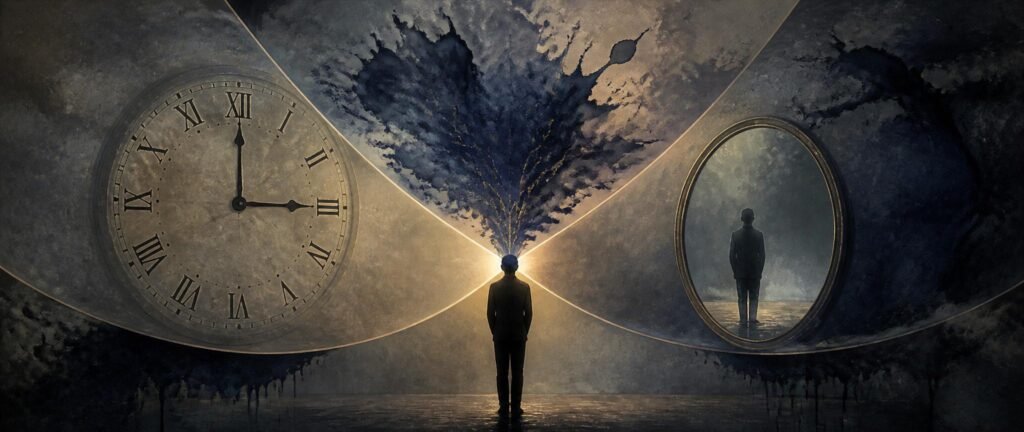 Three symbolic panels around a figure representing the explanations behind why people stop trying to escape