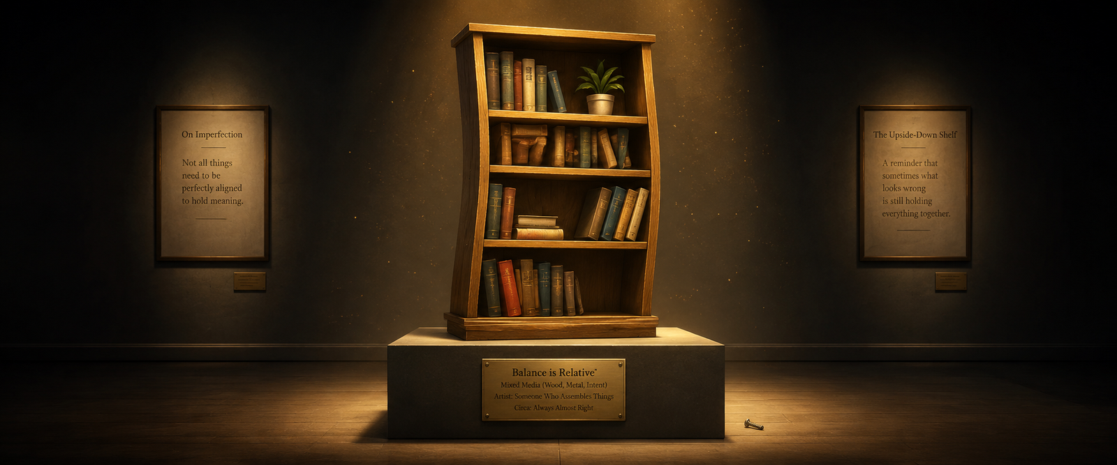 A crooked self-built bookshelf displayed like art, illustrating why we overvalue our own work