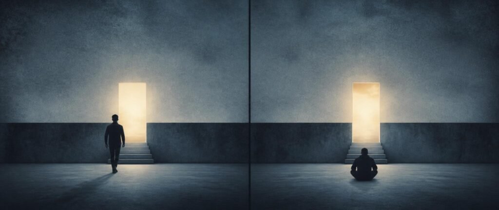 A split illustration of two figures facing one low barrier, showing why people stop trying to escape