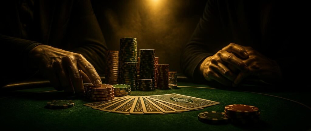 Anonymous hands with poker cards and chips, one pushing a confident bet forward