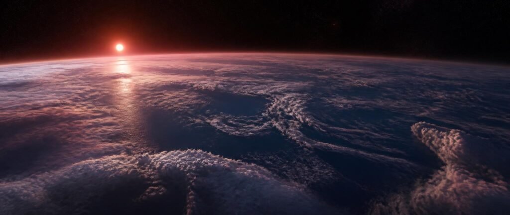 Ocean-covered rocky exoplanet in the temperate zone of a red dwarf star where liquid water could survive