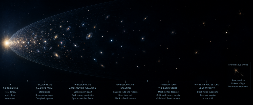 An expanding, emptying universe illustrating models behind why a floating brain is more likely than you