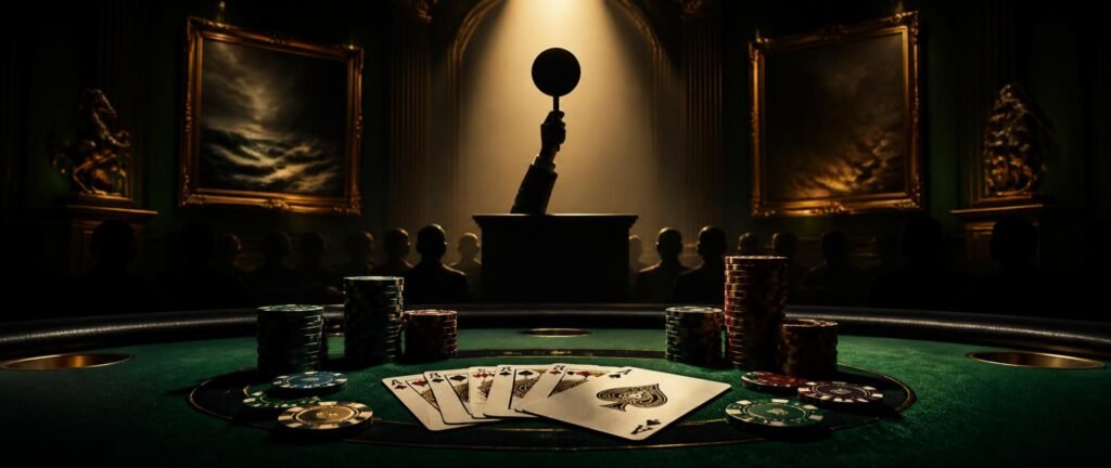 A poker table with cards and chips while a silhouetted hand raises a bidding paddle behind it