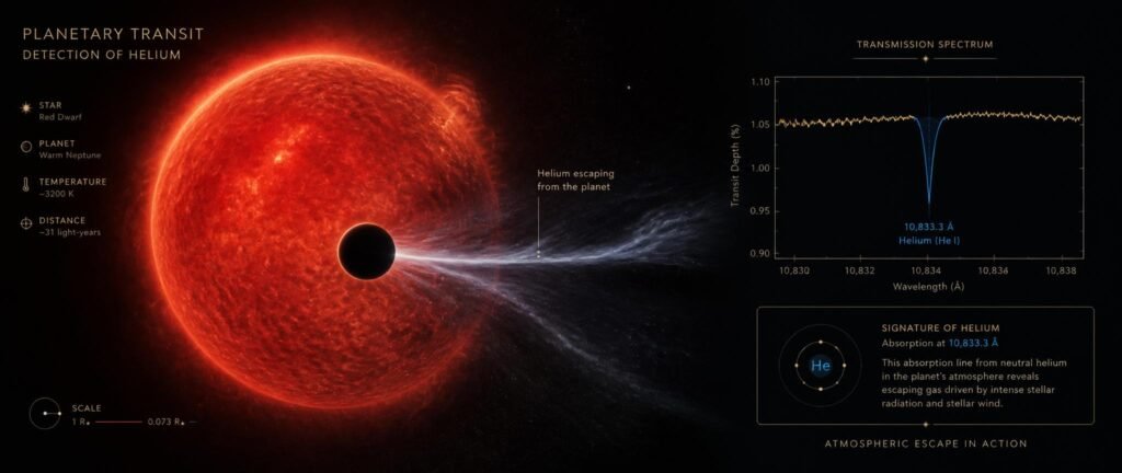 Diagram of helium escaping from a transiting exoplanet, showing the spectral dip used to detect its atmosphere