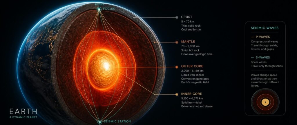 Cross-section of Earth showing the molten iron core and solid inner core with bending seismic waves