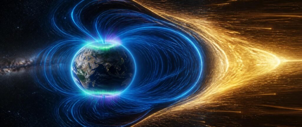 Illustration of earths magnetic field deflecting solar wind particles safely around the planet