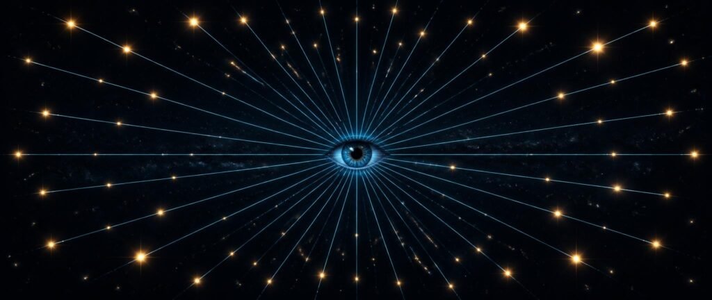 Sightlines radiating to distant stars, showing the logic behind why the night sky is dark