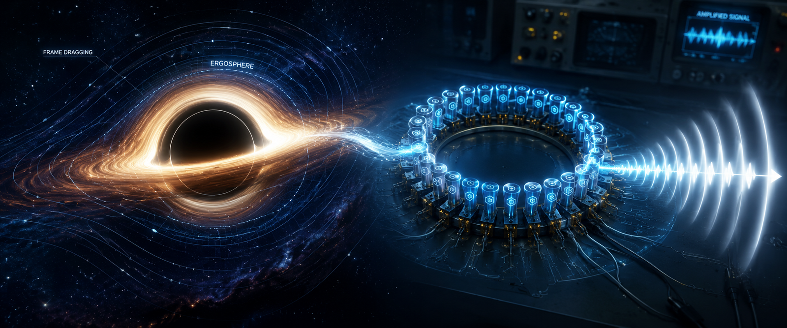 Concept art of extracting energy from a black hole, pairing a spinning black hole with a lab resonator ring