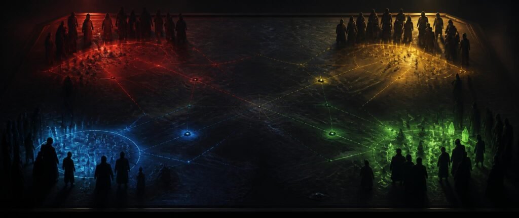 Four color-coded clusters of silhouetted figures around a dark strategy table forming alliances