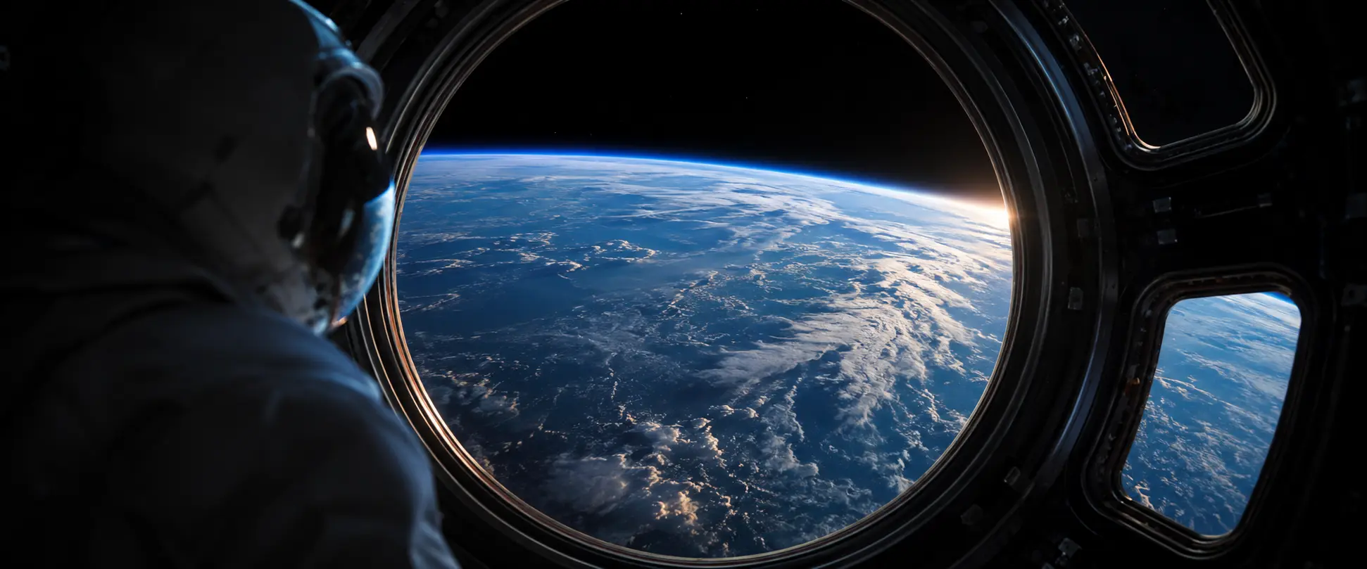 Earth as a fragile blue marble seen from a space station window, illustrating how seeing Earth from space changes you