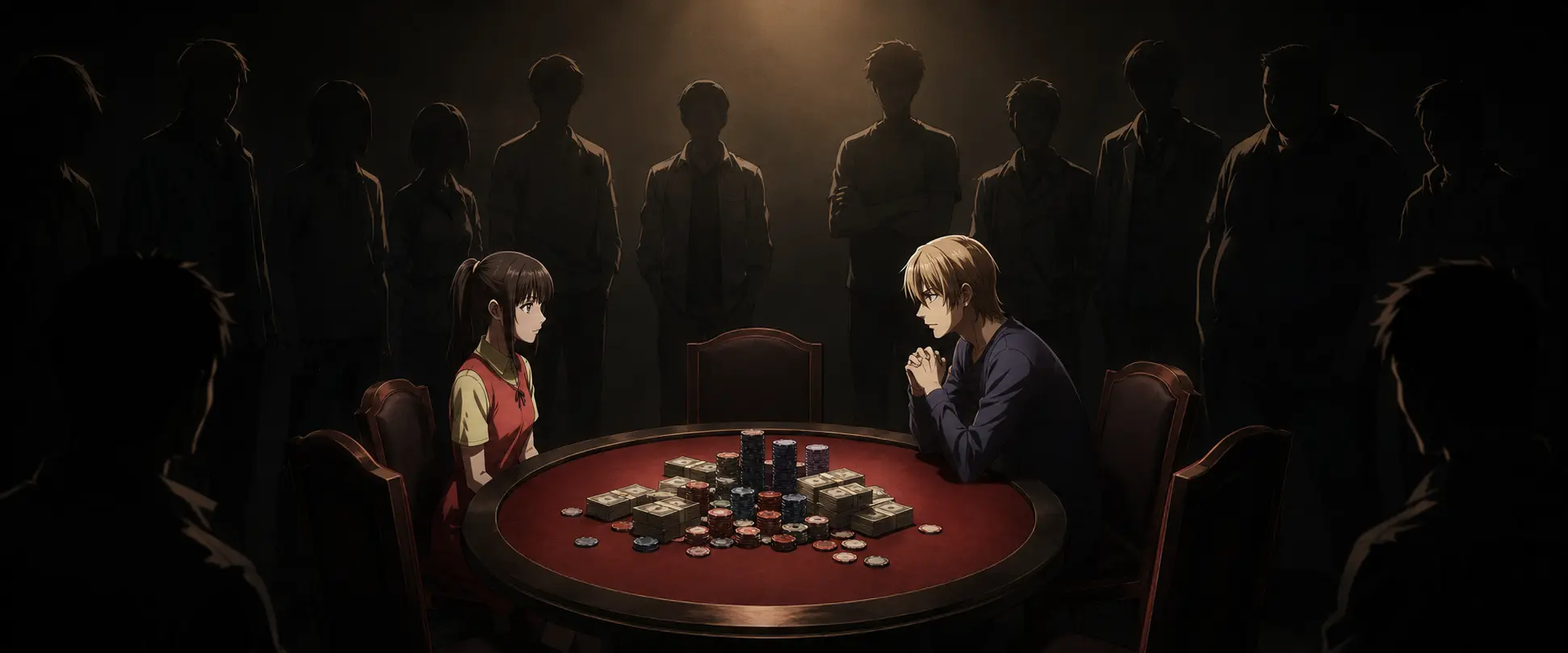 A dark high-stakes game table with cash and silhouetted figures, illustrating liar game all games explained