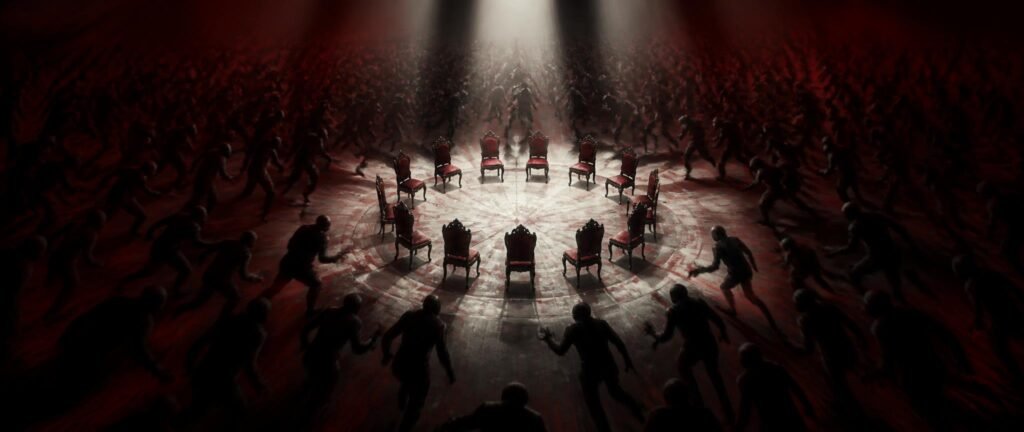 Silhouetted figures scrambling toward too few chairs, illustrating the musical chairs game and crowd panic