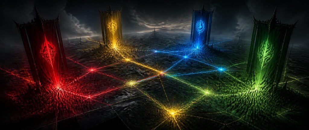 Four colored banners over a vast board with connecting lines and massed silhouetted figures