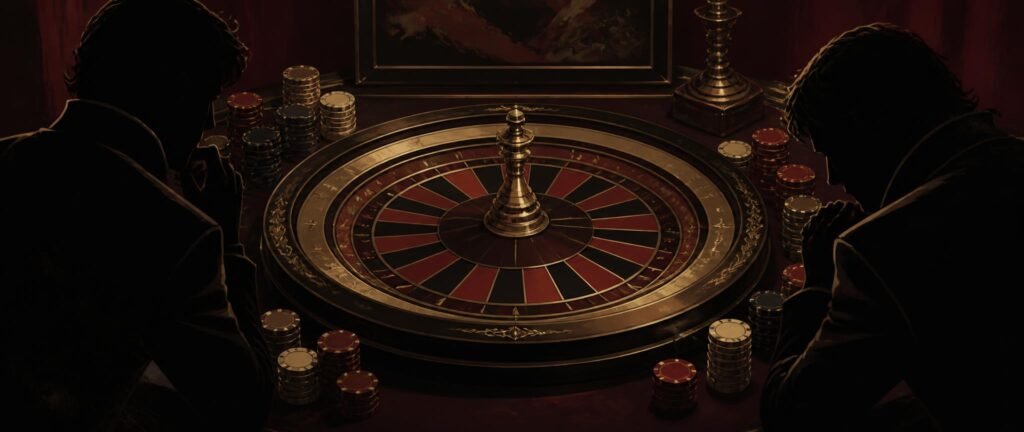 A fixed roulette-style wheel with betting chips and two focused shadowy figures studying it