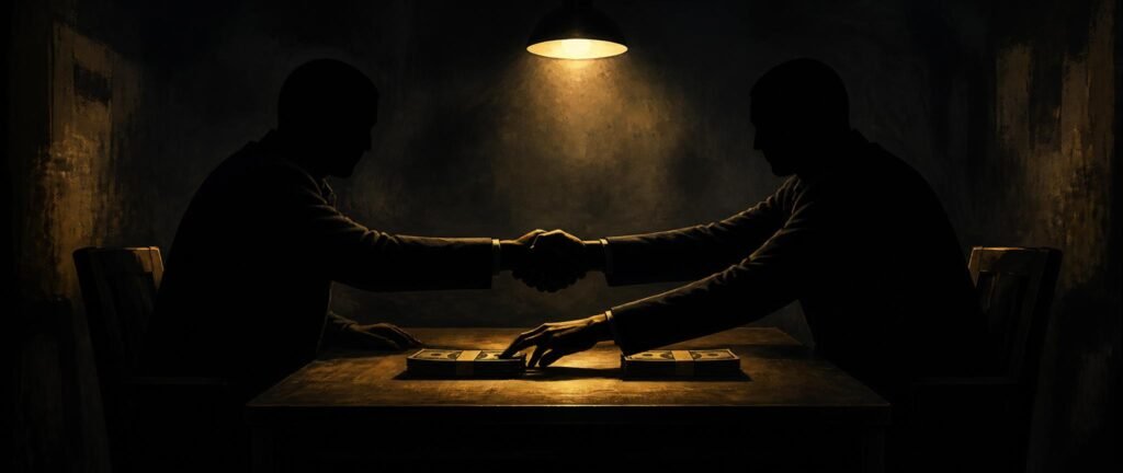 Two shadowy figures at a table with equal cash stacks, one quietly reaching for the other's money