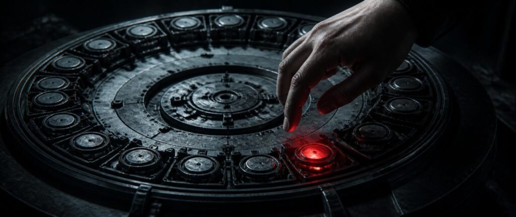 A large circular mechanism with many chambers, one glowing red, a hesitant hand above it