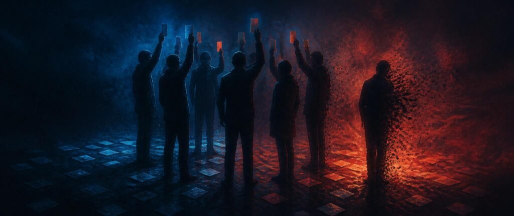 Silhouetted figures raising hands in a vote while one at the edge dissolves away