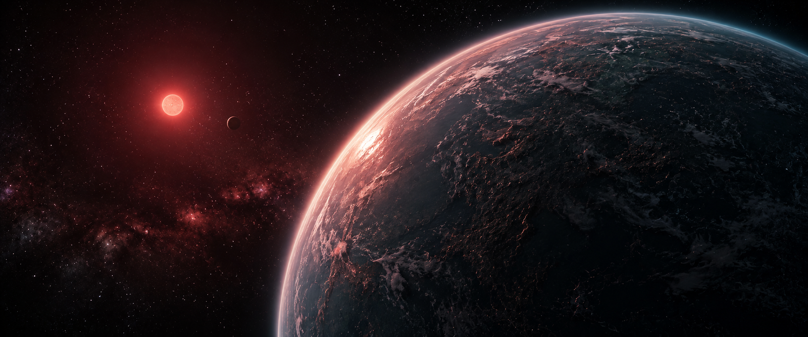 Artist's concept of the first atmosphere on a habitable zone planet glowing around LHS 1140 b