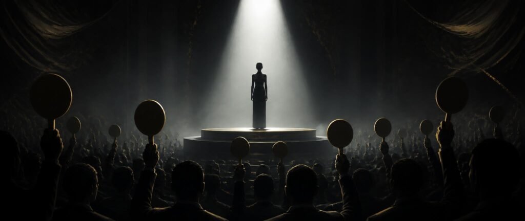 A lone silhouetted figure on a spotlit platform as shadowy hands raise bidding paddles
