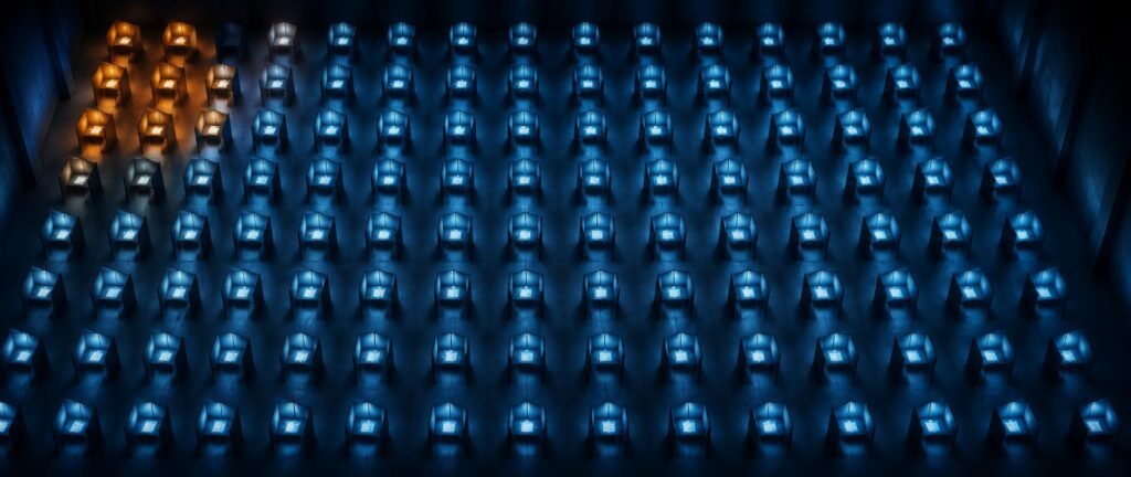 A grid of glowing voting booths, most one color and a small minority glowing another