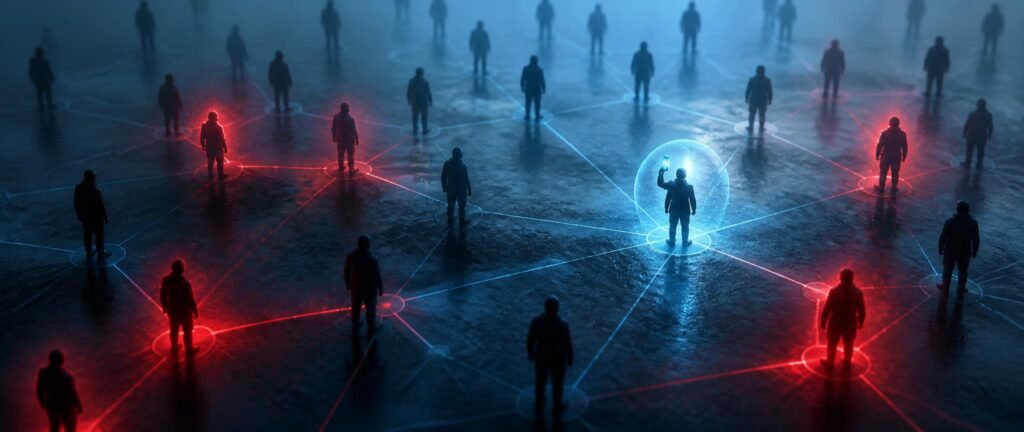A network of silhouetted figures, a few glowing red and spreading along the lines, one holding a vial