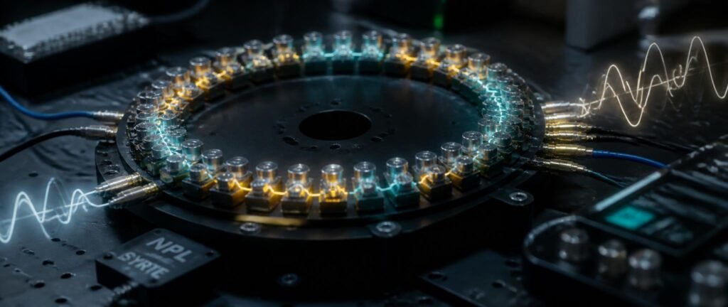 A laboratory ring of electronic resonators using synthetic rotation to amplify radio waves