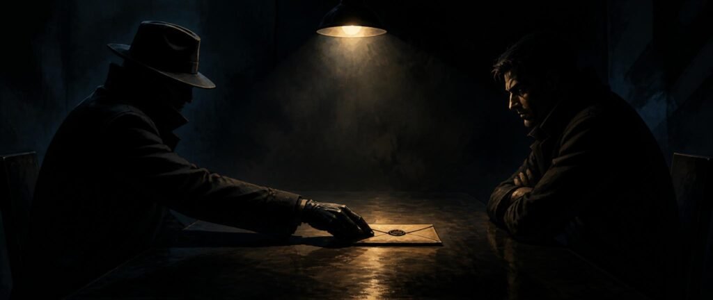Two shadowy figures across a table with a sealed envelope, illustrating the Liar Game smuggling round