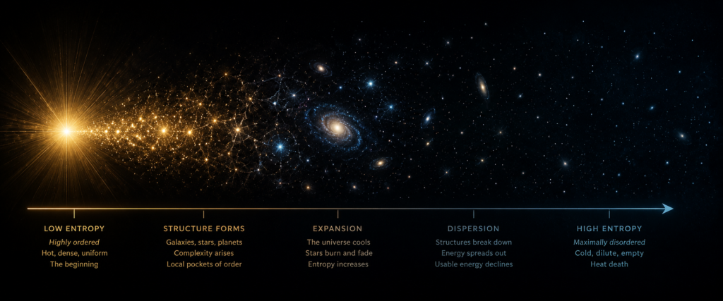 An illustration of entropy increasing over time, central to why a floating brain is more likely than you