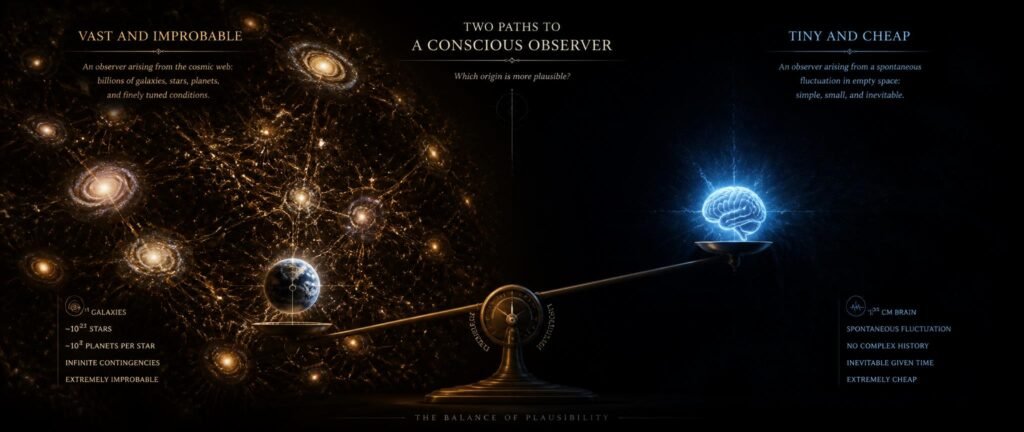 A scale weighing a whole universe against a single brain, showing why a floating brain is more likely than you