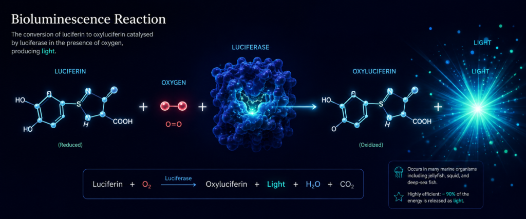 A diagram of the light-producing chemical reaction behind why so many animals glow in the dark