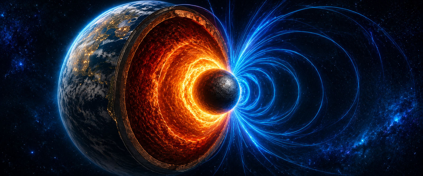 Cutaway illustration showing why earths core reversed direction deep inside the planet