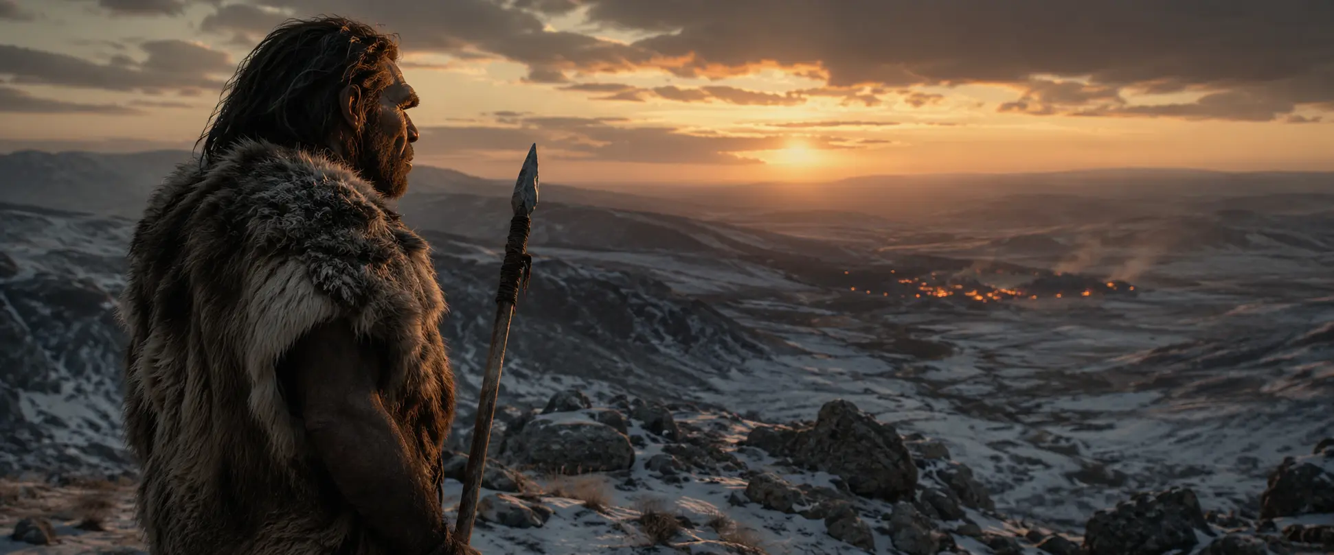 A lone Neanderthal on a snowy ridge at dusk, illustrating why Neanderthals went extinct in Ice Age Europe