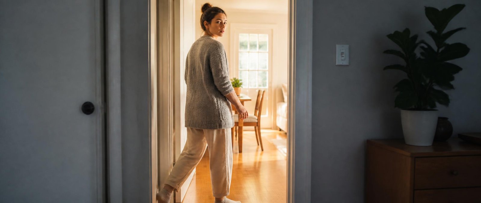 A person crossing a doorway with a puzzled expression, illustrating why walking through a door makes you forget