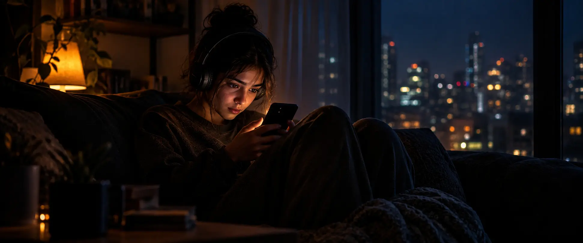 A person listening to headphones alone at night, illustrating why we are drawn to true crime
