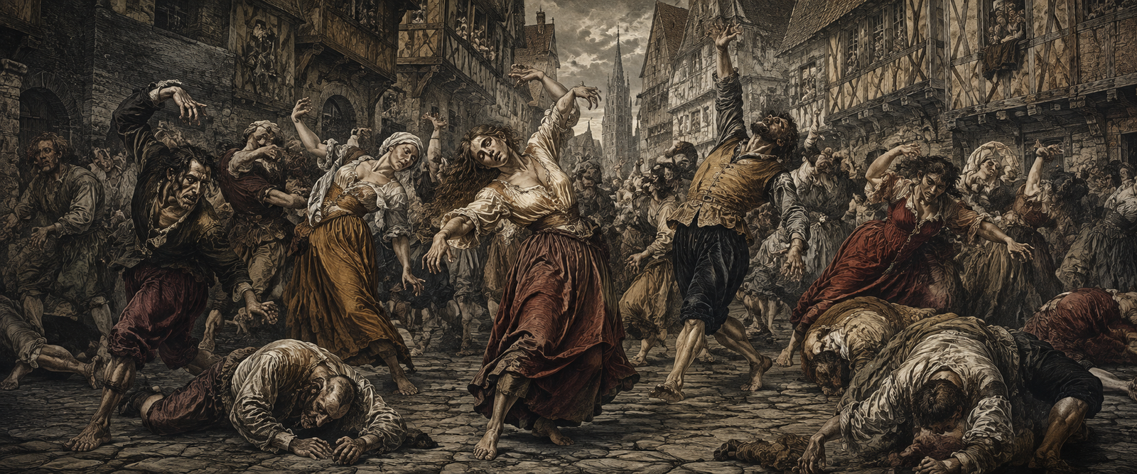 A crowd of medieval townspeople dancing in anguish, illustrating why an entire town danced until death