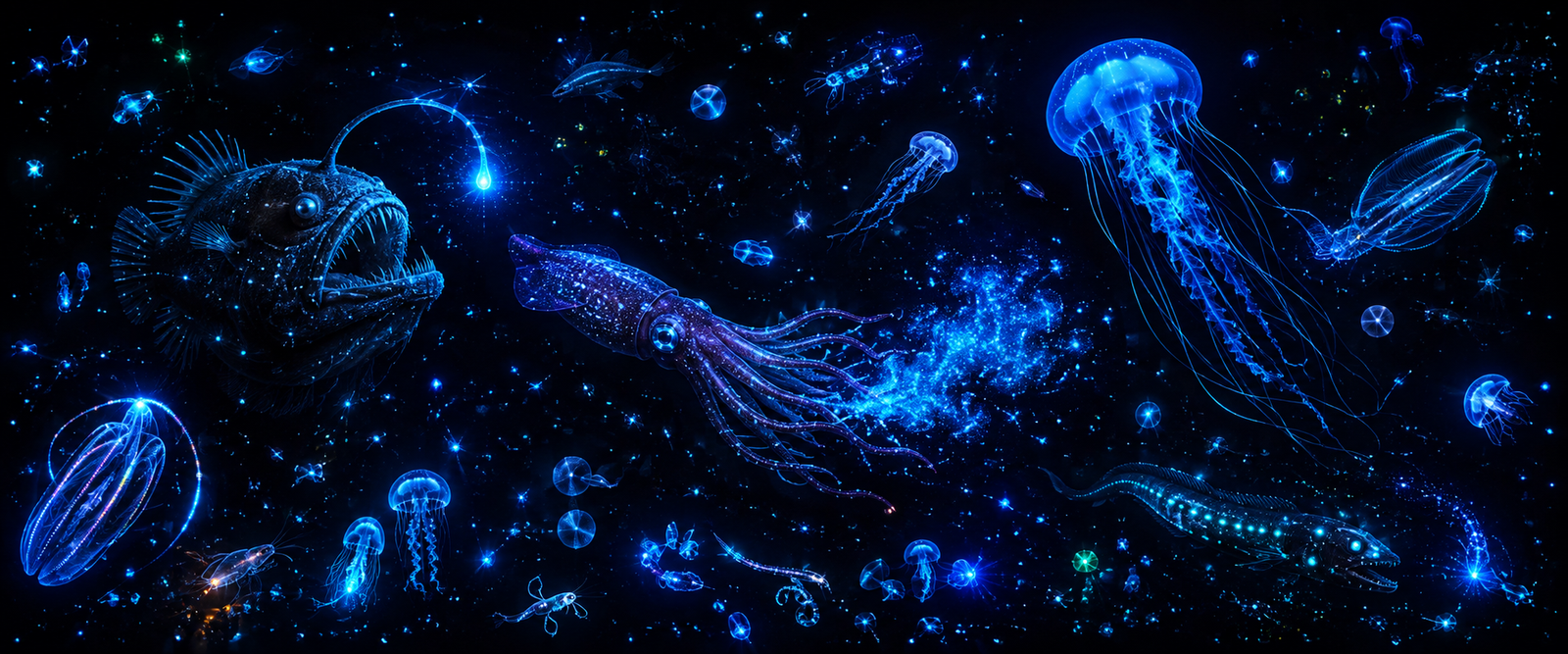 A deep-sea scene of glowing creatures illustrating why so many animals glow in the dark