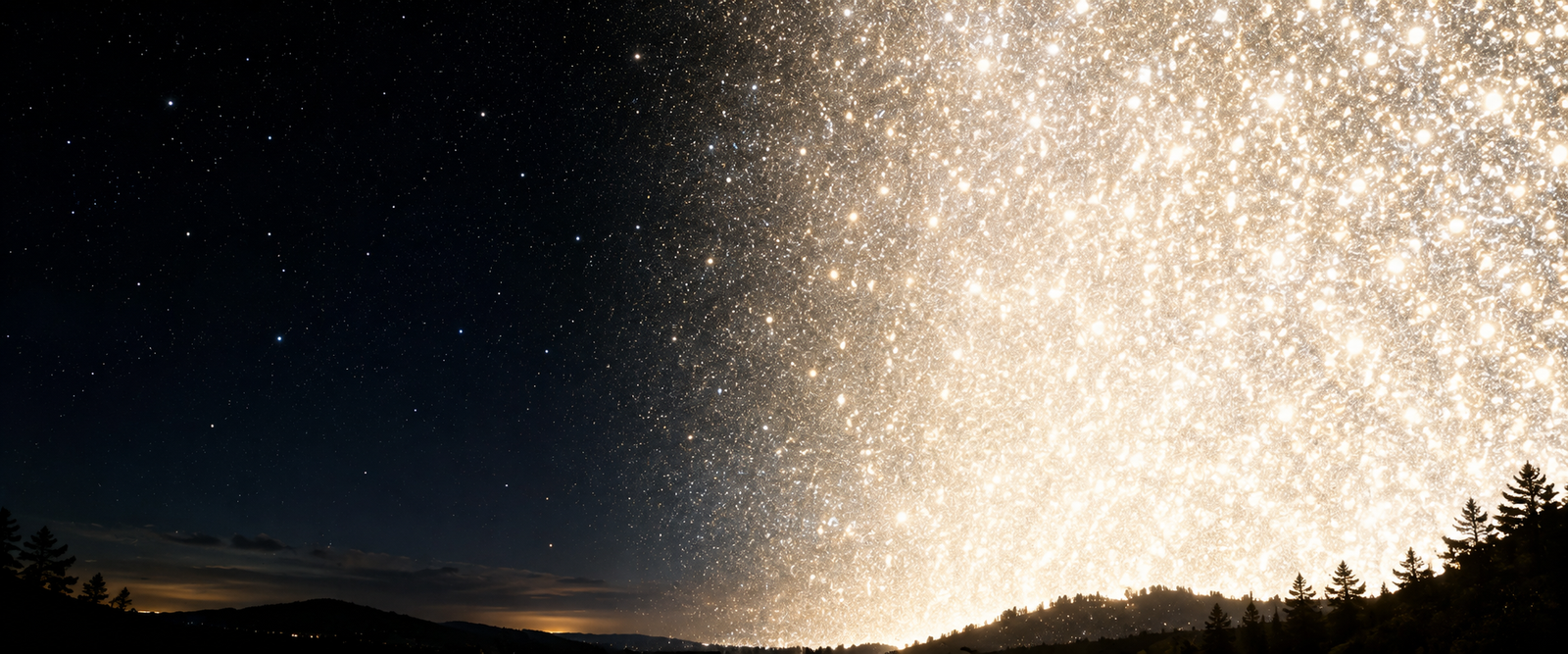 A split sky comparison illustrating why the night sky is dark instead of blazing with starlight